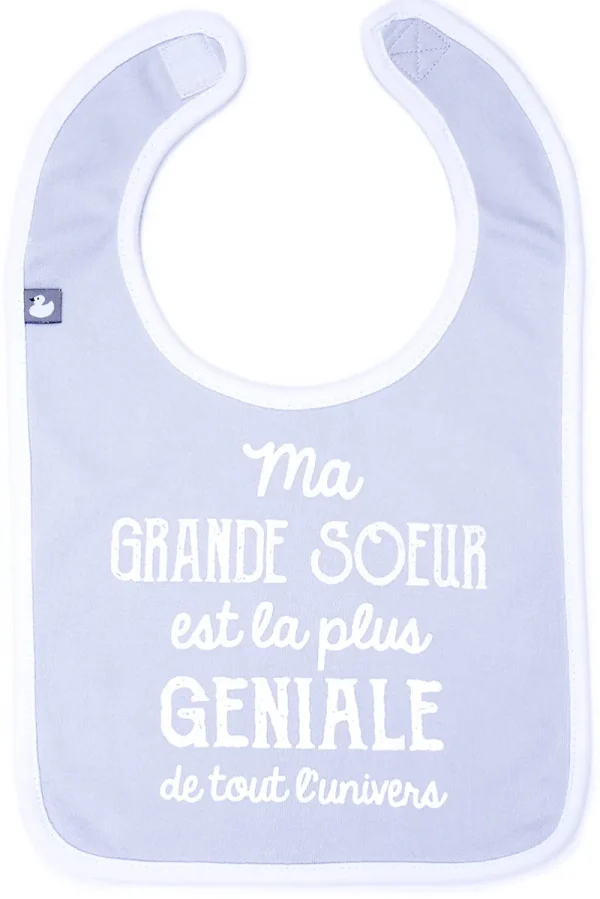 LET83700 Bavoir "Ma grande sœur est la plus géniale" gris clair/blanc