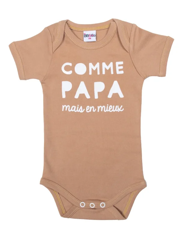 LET83700 Body manches courtes "Comme papa mais en mieux" camel