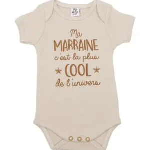 LET83700 Body manches courtes "Ma marraine c’est le plus cool de l'univers"- sable 6M