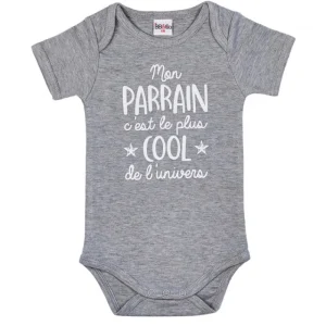 LET83700 Body manches courtes "Mon parrain c’est le plus cool" gris chiné