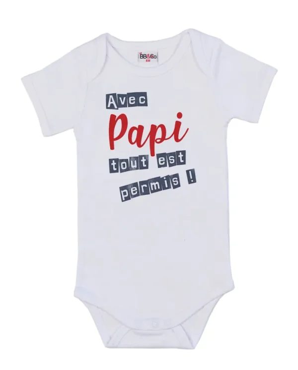 LET83700 Body manches courtes "Avec papi tout est permis !" blanc