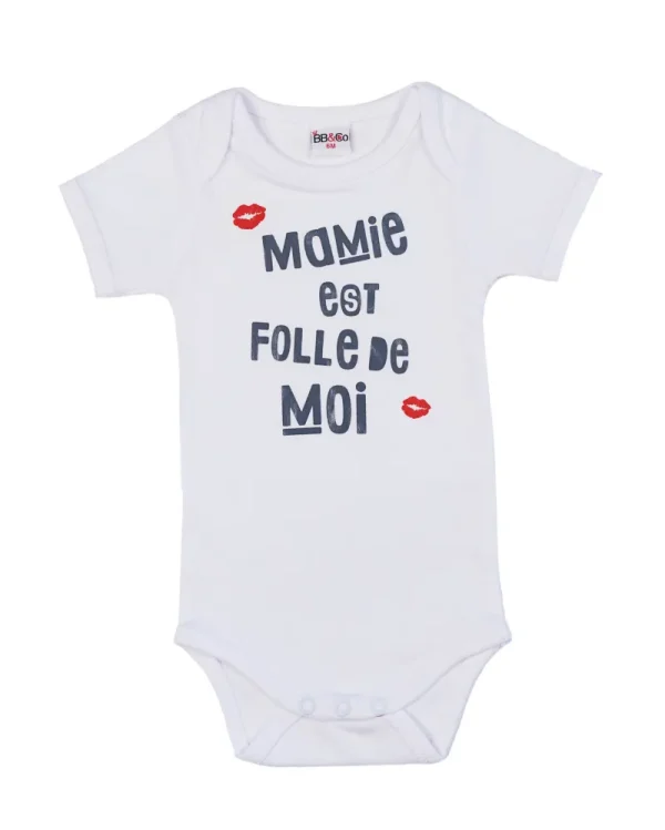 LET83700 Body manches courtes " Mamie est folle de moi" blanc