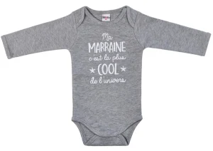 LET83700 Body manches longues "Ma marraine c’est la plus cool" gris chiné