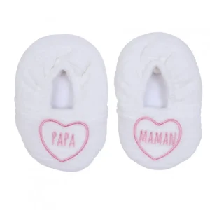 LET83700 Chaussons velours brodé "Maman & Papa" écru/rose - BB&Co