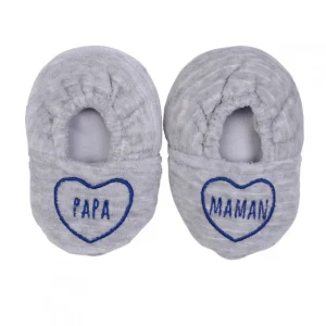 LET83700 Chaussons velours brodé "Maman & Papa" gris chiné/bleu - BB&Co